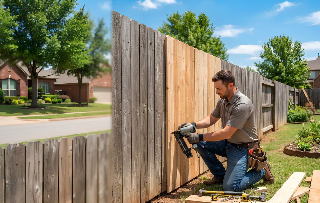Fence Repair Edmond OK – Professional contractor replacing damaged wooden fence panels in a residential backyard with expert local fencing repair services.
